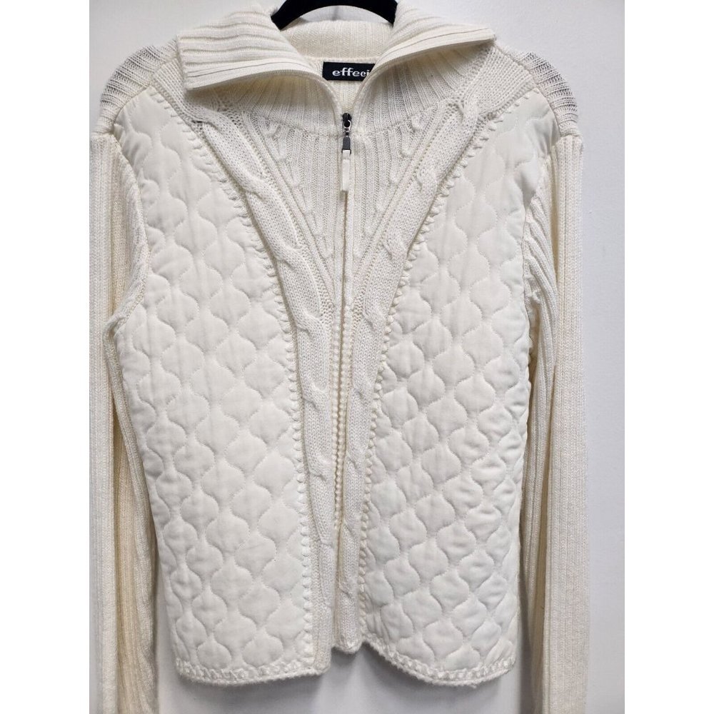 Effeci Womens Sweater Jacket Size Large Ivory Zip Up Front Long Sleeve Quilted